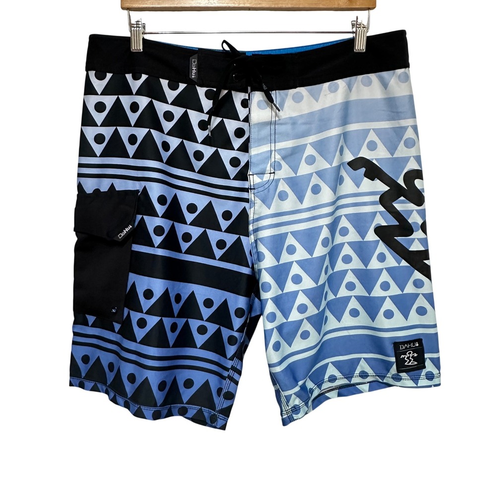 Da Hui Board Shorts Men 36 Blue Geometric Tribal Print 9" Surf Swim Trunks